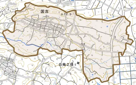 字国吉とその周辺の地図。町の範囲を重ねている