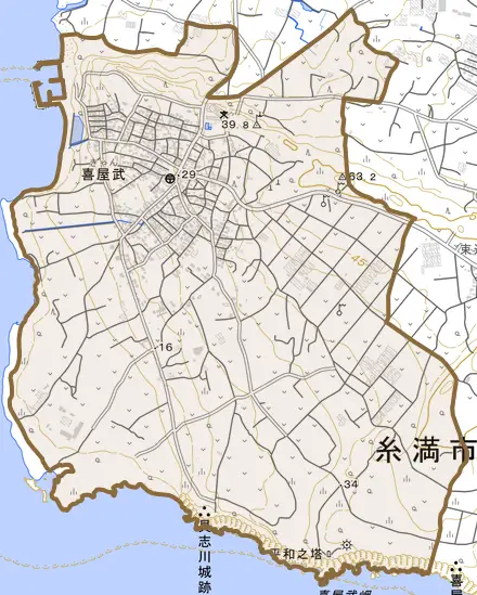 字喜屋武とその周辺の地図。町の範囲を重ねている