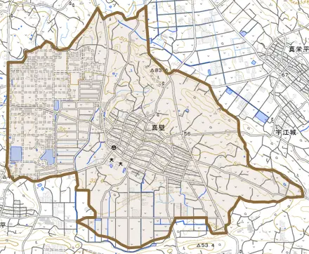 字真壁とその周辺の地図。町の範囲を重ねている