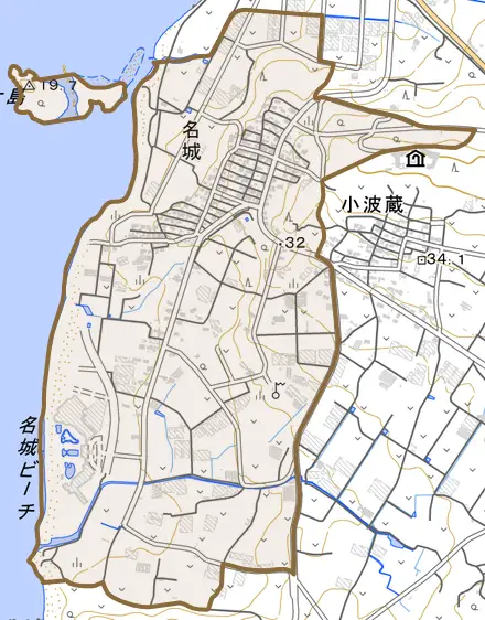 字名城とその周辺の地図。町の範囲を重ねている