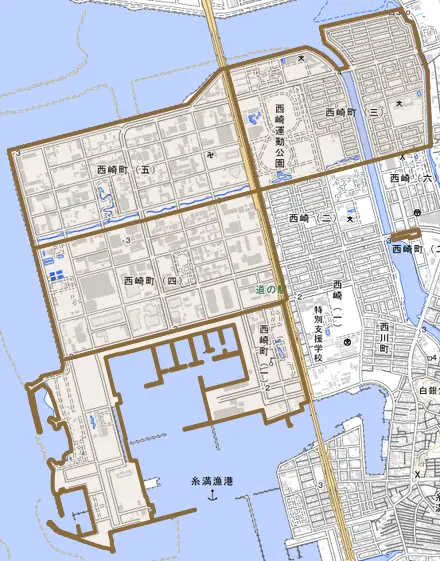 西崎町とその周辺の地図。町の範囲を重ねている