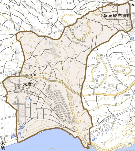 字大度とその周辺の地図。町の範囲を重ねている