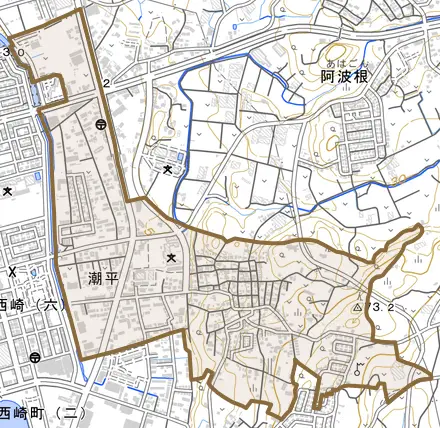 字潮平とその周辺の地図。町の範囲を重ねている