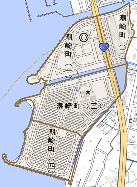 潮崎町とその周辺の地図。町の範囲を重ねている