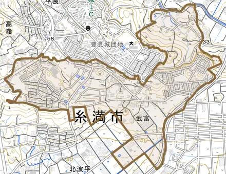 字武富とその周辺の地図。町の範囲を重ねている