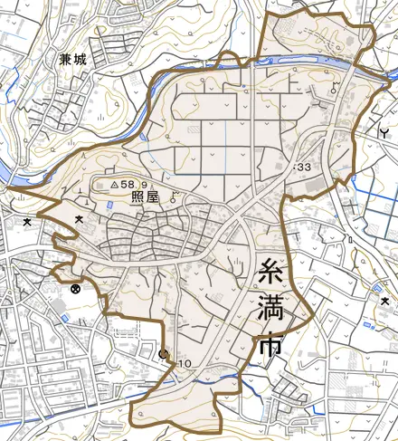 字照屋とその周辺の地図。町の範囲を重ねている