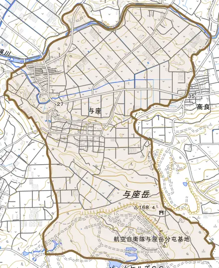 字与座とその周辺の地図。町の範囲を重ねている