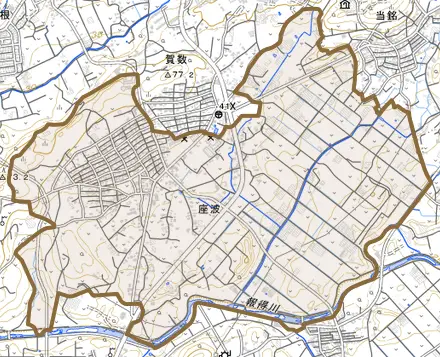 字座波とその周辺の地図。町の範囲を重ねている