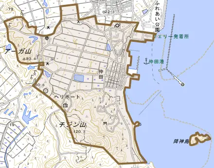 字仲田とその周辺の地図。町の範囲を重ねている