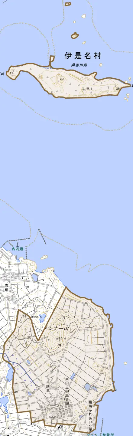 字諸見とその周辺の地図。町の範囲を重ねている