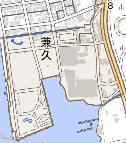 字兼久とその周辺の地図。町の範囲を重ねている