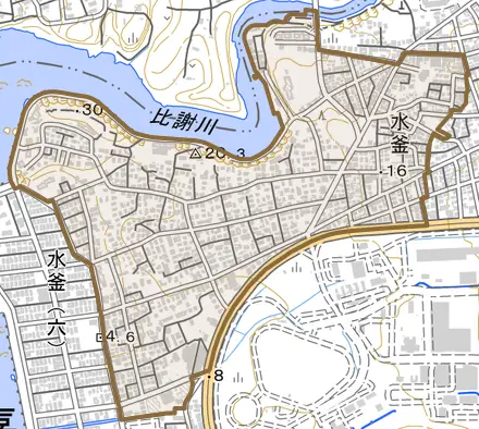 字水釜とその周辺の地図。町の範囲を重ねている