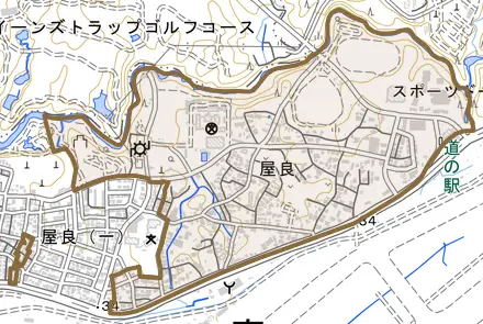 字屋良とその周辺の地図。町の範囲を重ねている