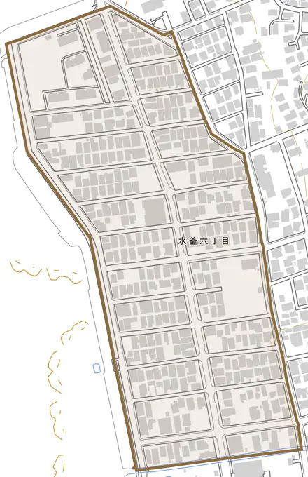 水釜とその周辺の地図。町の範囲を重ねている