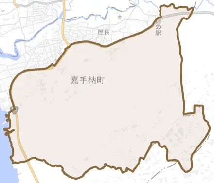字野里とその周辺の地図。町の範囲を重ねている