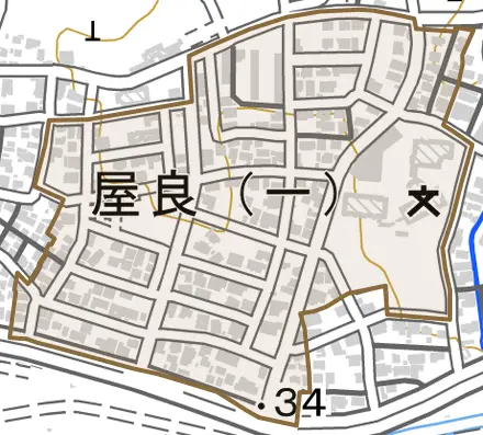 屋良とその周辺の地図。町の範囲を重ねている
