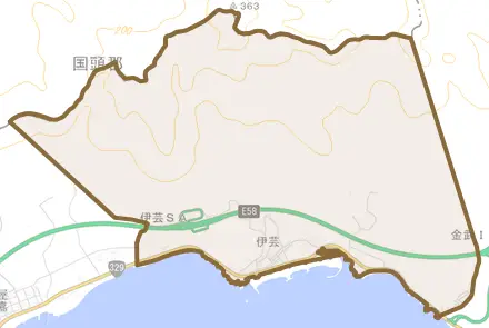 字伊芸とその周辺の地図。町の範囲を重ねている