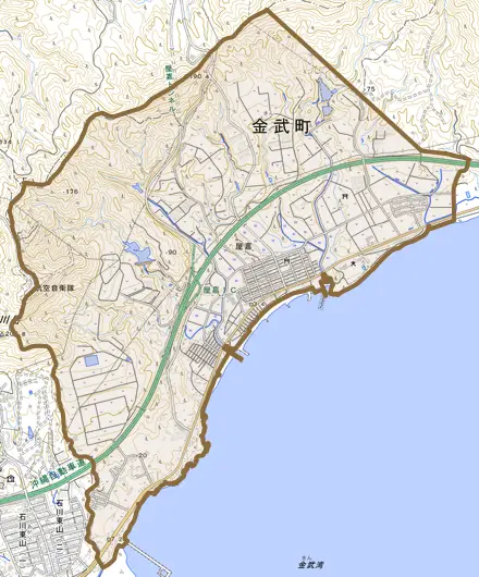 字屋嘉とその周辺の地図。町の範囲を重ねている