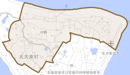 字中野とその周辺の地図。町の範囲を重ねている