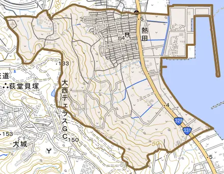 字熱田とその周辺の地図。町の範囲を重ねている