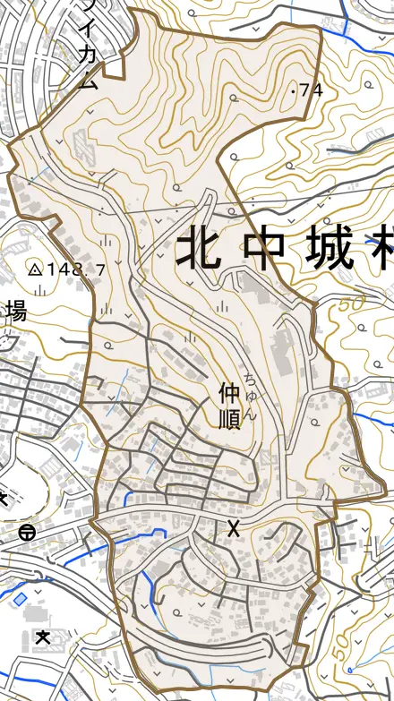 字仲順とその周辺の地図。町の範囲を重ねている