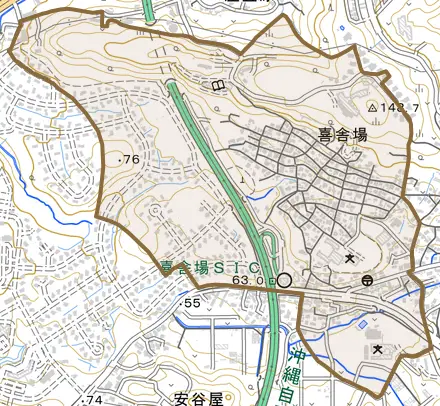字喜舎場とその周辺の地図。町の範囲を重ねている