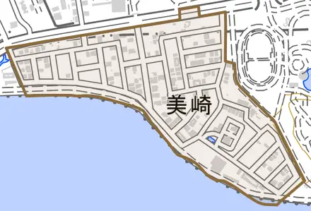 字美崎とその周辺の地図。町の範囲を重ねている