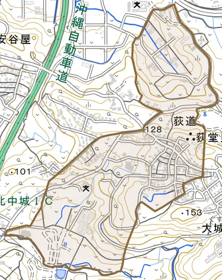 字荻道とその周辺の地図。町の範囲を重ねている