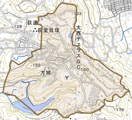 字大城とその周辺の地図。町の範囲を重ねている