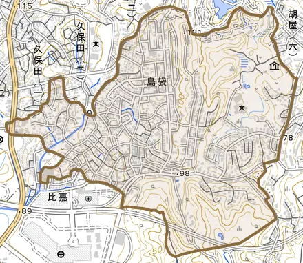 字島袋とその周辺の地図。町の範囲を重ねている