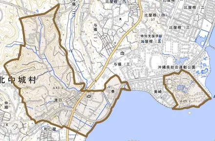 字渡口とその周辺の地図。町の範囲を重ねている
