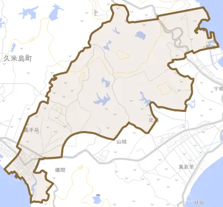 字儀間とその周辺の地図。町の範囲を重ねている