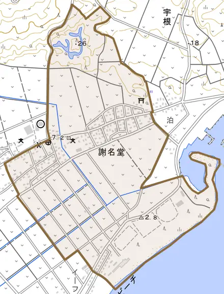 字謝名堂とその周辺の地図。町の範囲を重ねている