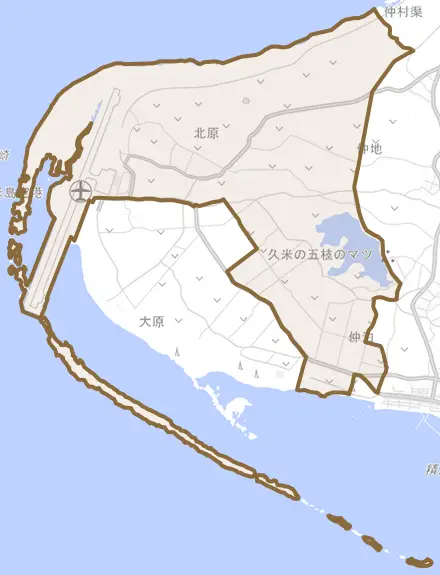 字北原とその周辺の地図。町の範囲を重ねている