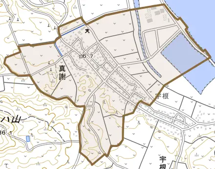 字真謝とその周辺の地図。町の範囲を重ねている