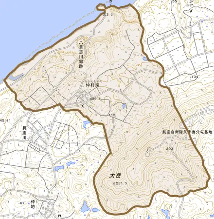 字仲村渠とその周辺の地図。町の範囲を重ねている