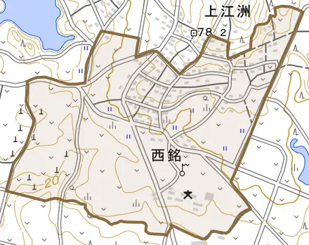 字西銘とその周辺の地図。町の範囲を重ねている