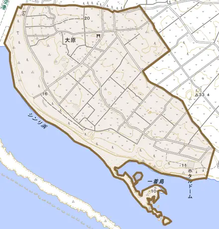 字大原とその周辺の地図。町の範囲を重ねている