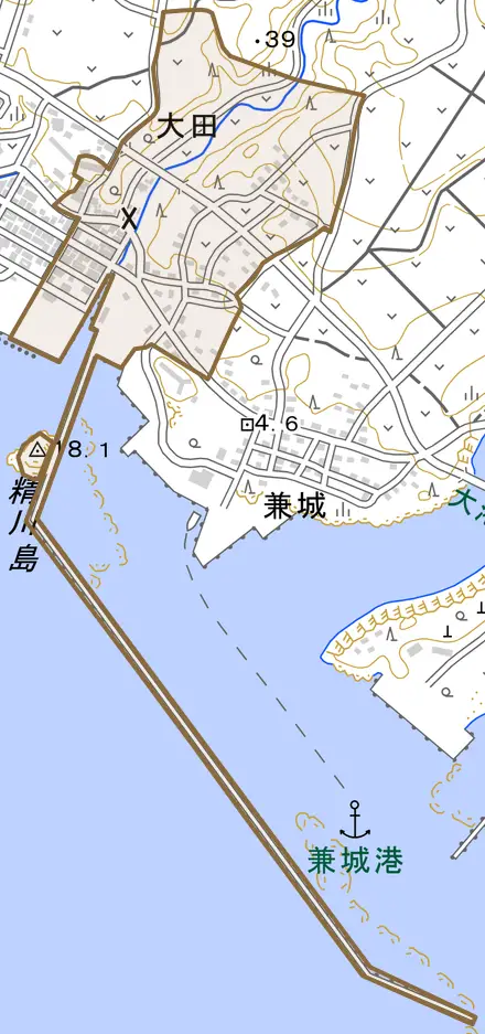 字大田とその周辺の地図。町の範囲を重ねている