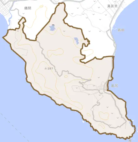 字島尻とその周辺の地図。町の範囲を重ねている