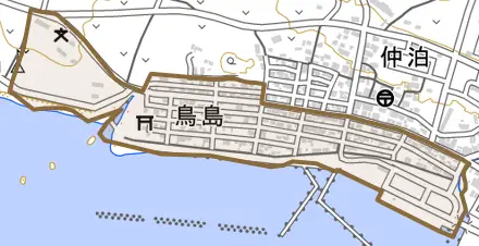 字鳥島とその周辺の地図。町の範囲を重ねている