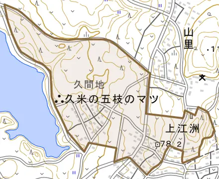 字上江洲とその周辺の地図。町の範囲を重ねている
