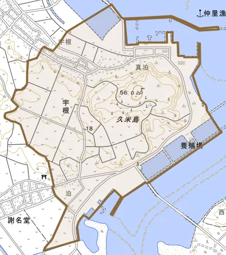 字宇根とその周辺の地図。町の範囲を重ねている