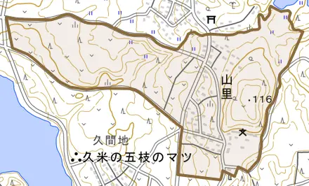 字山里とその周辺の地図。町の範囲を重ねている