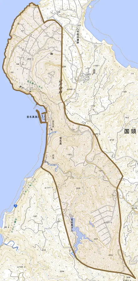 字宜名真とその周辺の地図。町の範囲を重ねている