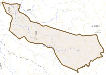 字比地とその周辺の地図。町の範囲を重ねている