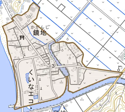字鏡地とその周辺の地図。町の範囲を重ねている