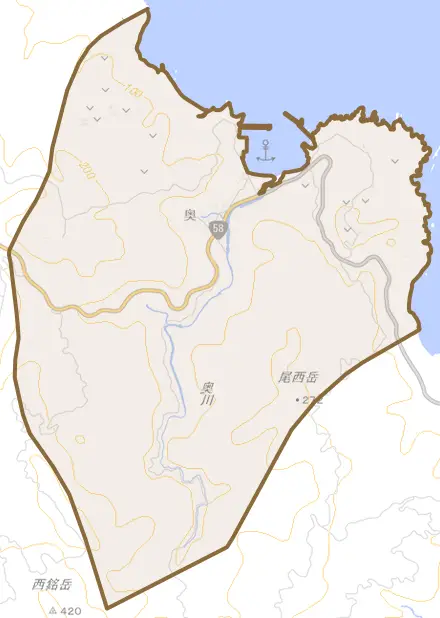 字奥とその周辺の地図。町の範囲を重ねている