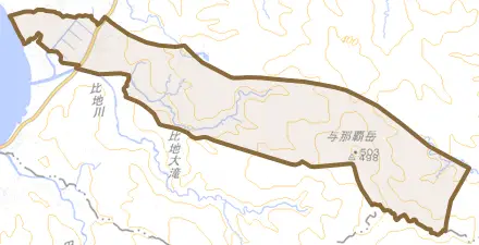 字奥間とその周辺の地図。町の範囲を重ねている