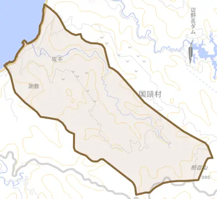 字佐手とその周辺の地図。町の範囲を重ねている